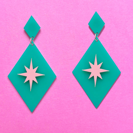 Aqua & Pink Retro Twinkle Drop Earrings