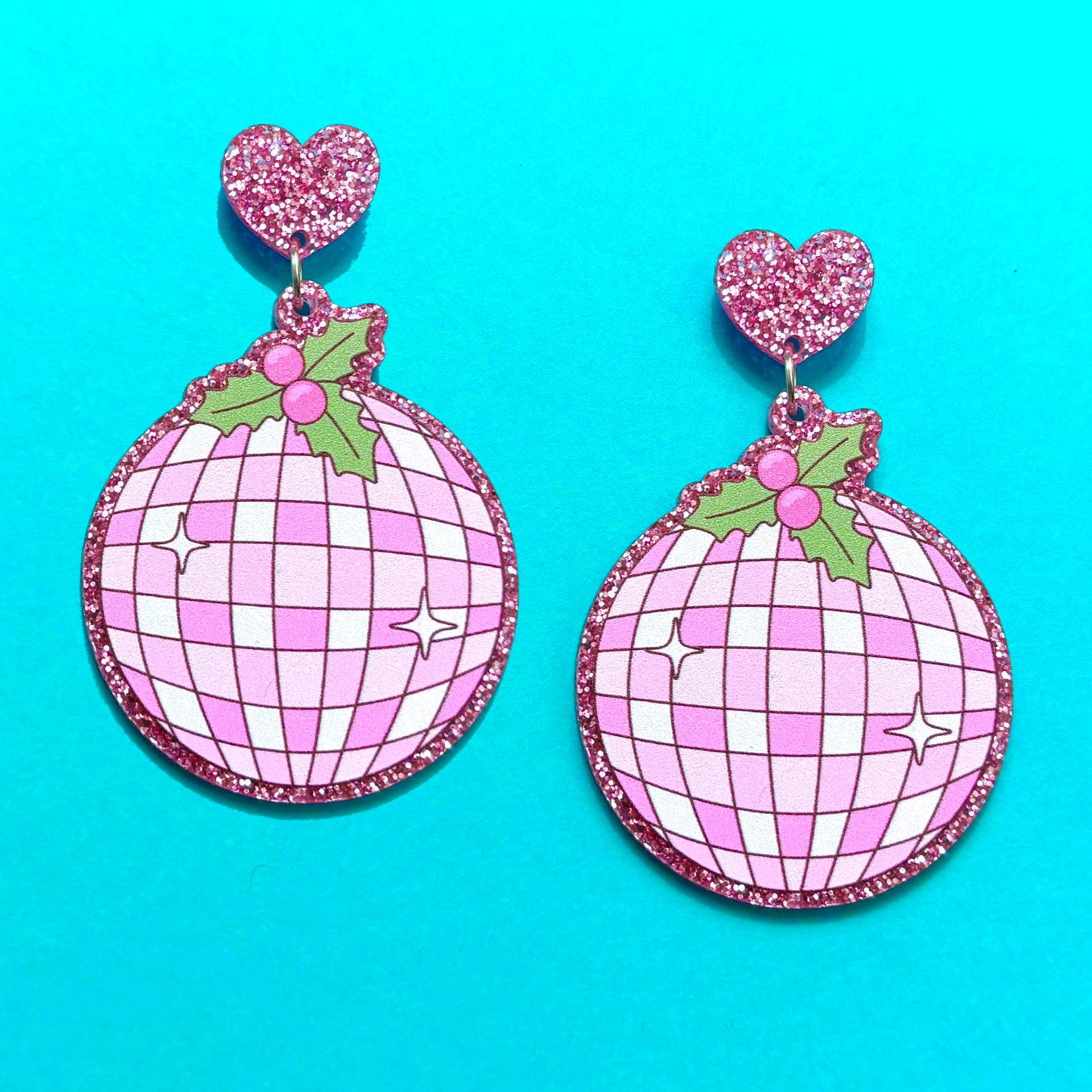 Pink Disco Ball Ornament Drop Earrings