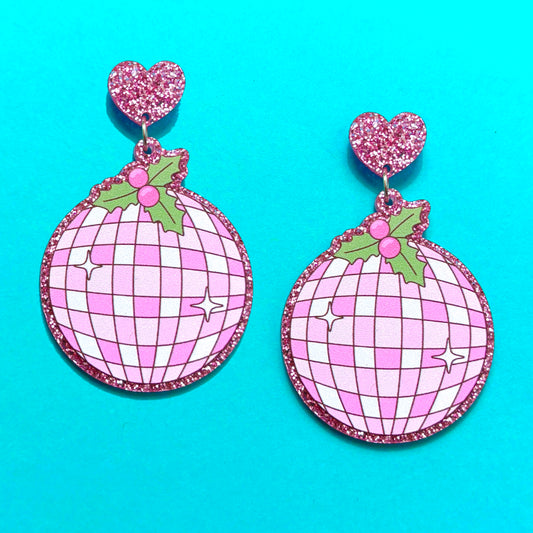 Pink Disco Ball Ornament Drop Earrings