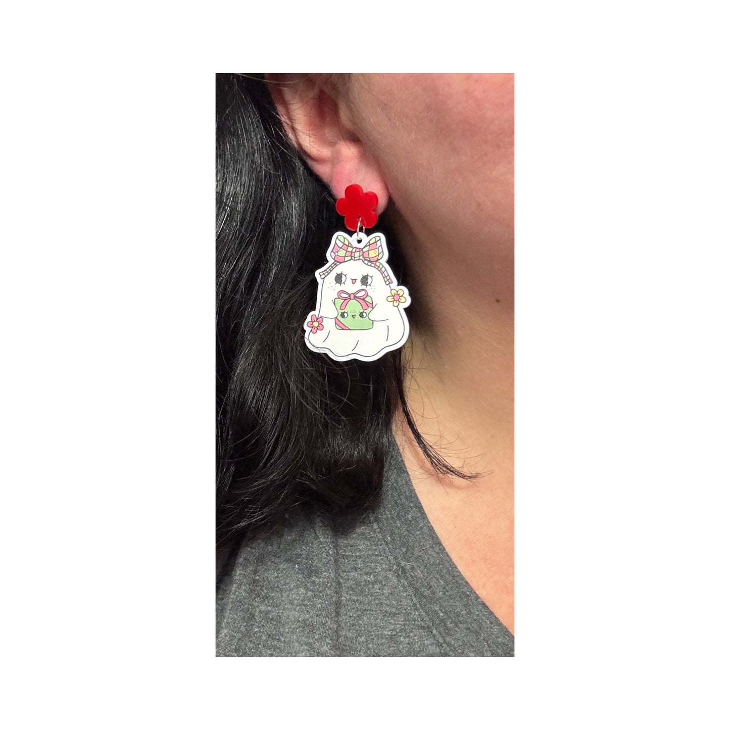 Plaid Bow Christmas Boo Drop Earrings