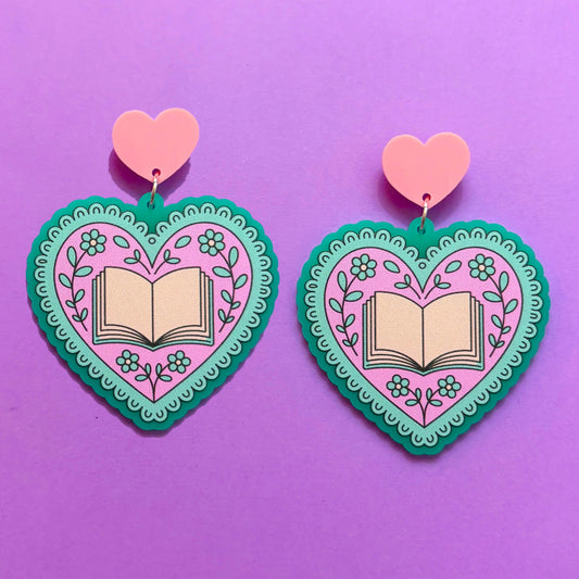 Mint Bookish Heart Drop Earrings