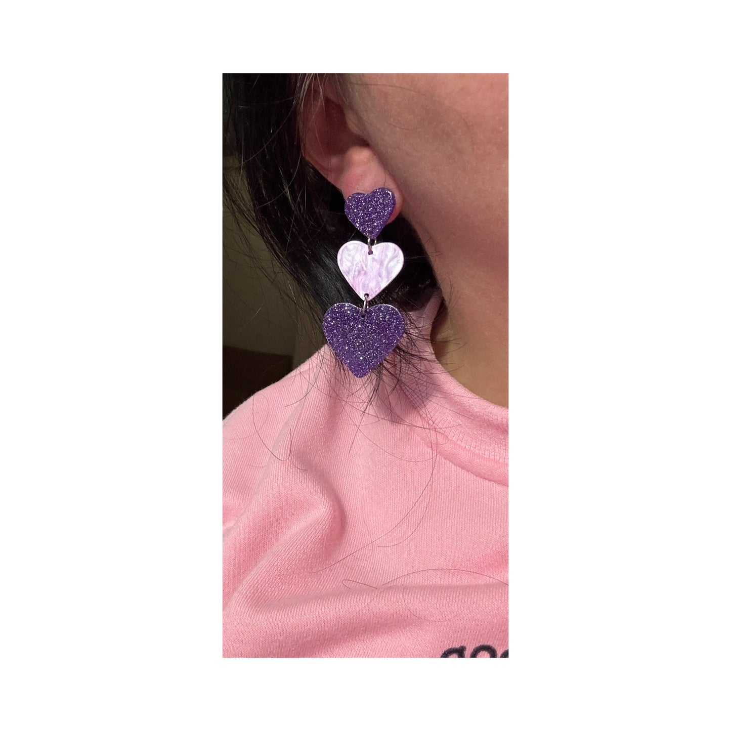 Purple Glitter Heart Tiered Drop Earrings