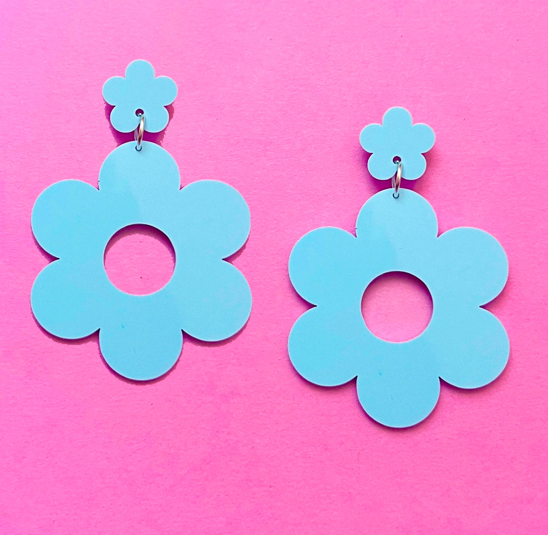 Light Blue Retro Flower Drop Earrings