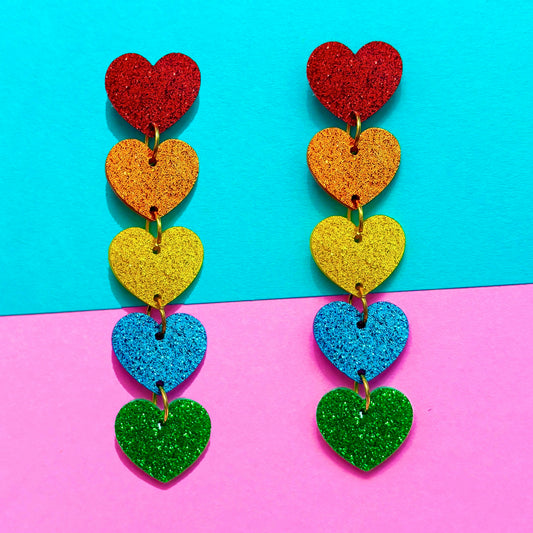 Rainbow Heart Glitter Tiered Drop Earrings