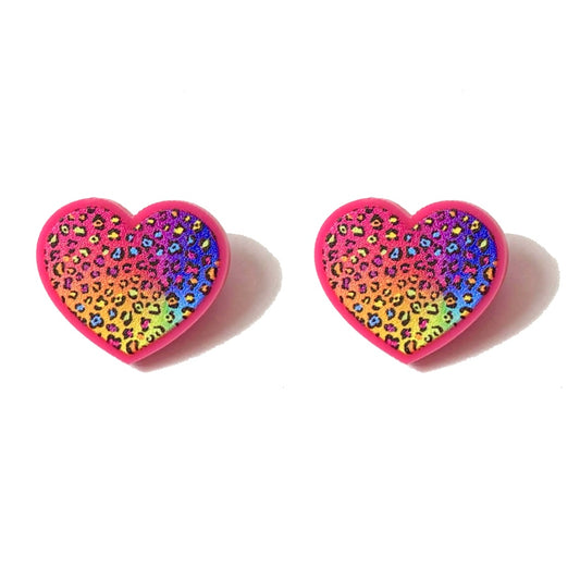 90s Neon Leopard Print Heart Post Earrings