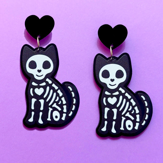 Skeleton Cat Drop Earrings