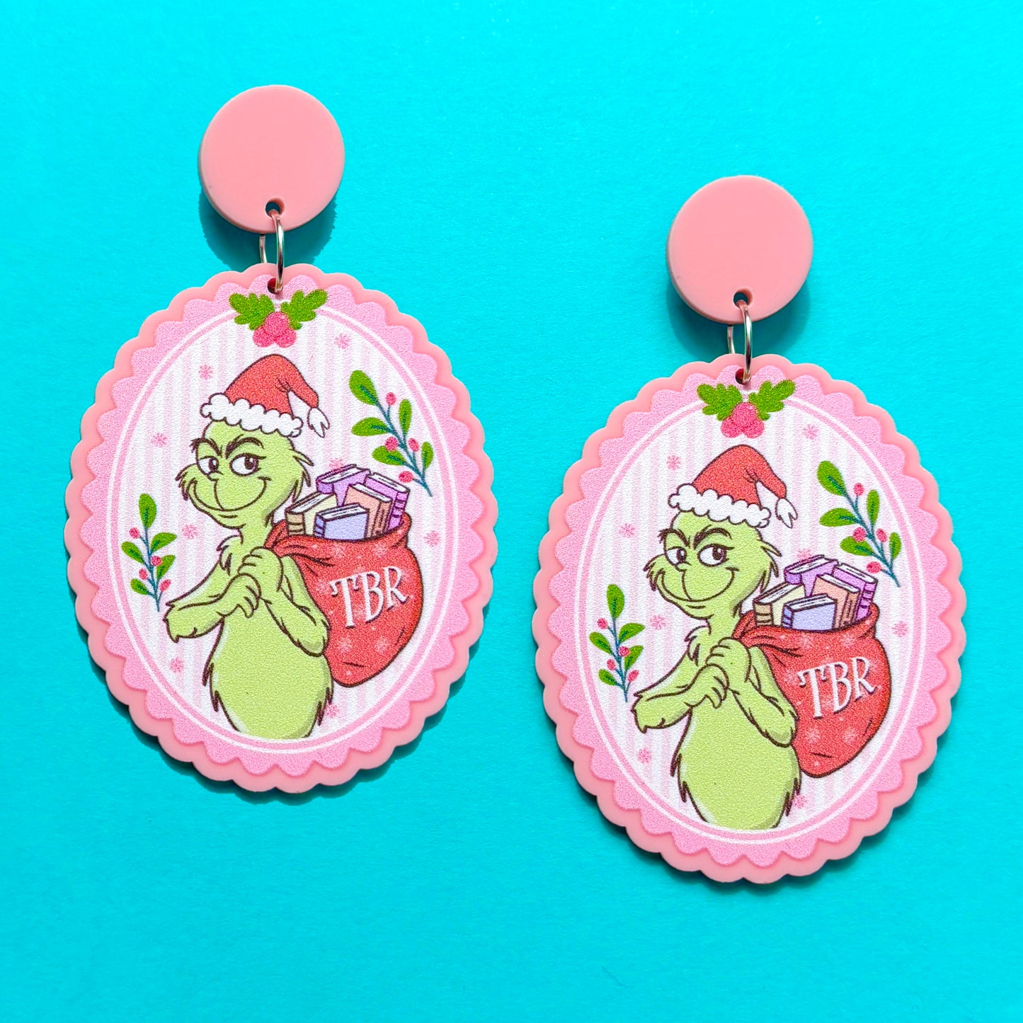 Pink Bookish Grinch Cameo Drop Earrings