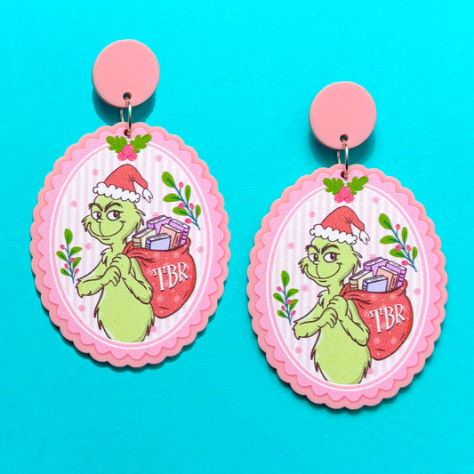 Pink Bookish Grinch Cameo Drop Earrings