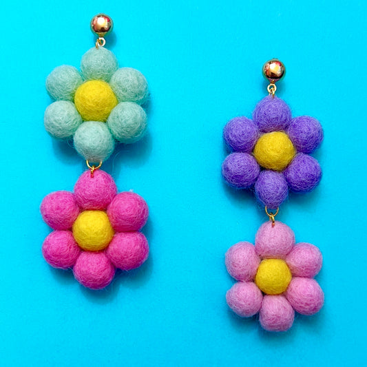 Spring Multicolor Double Flower Wool Felt Drop Earrings