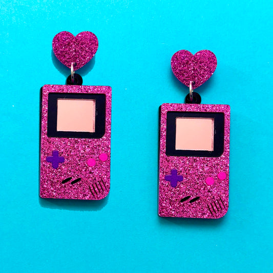 Pink Sparkle Gameboy Acrylic Drop Earrings
