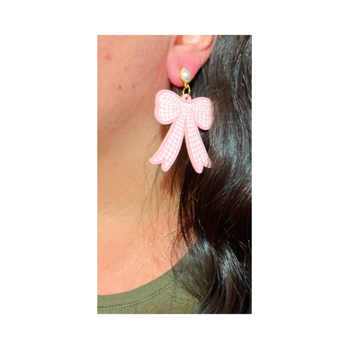 Pink Gingham Bow Drop Earrings