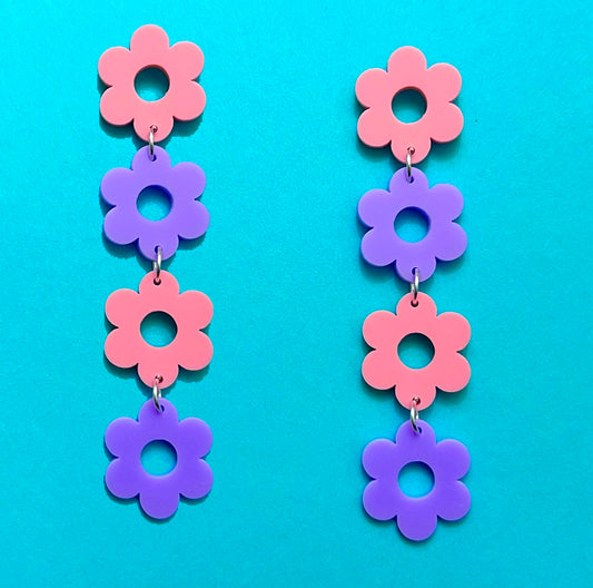 Pink & Lavender Retro Flower Tiered Drop Earrings