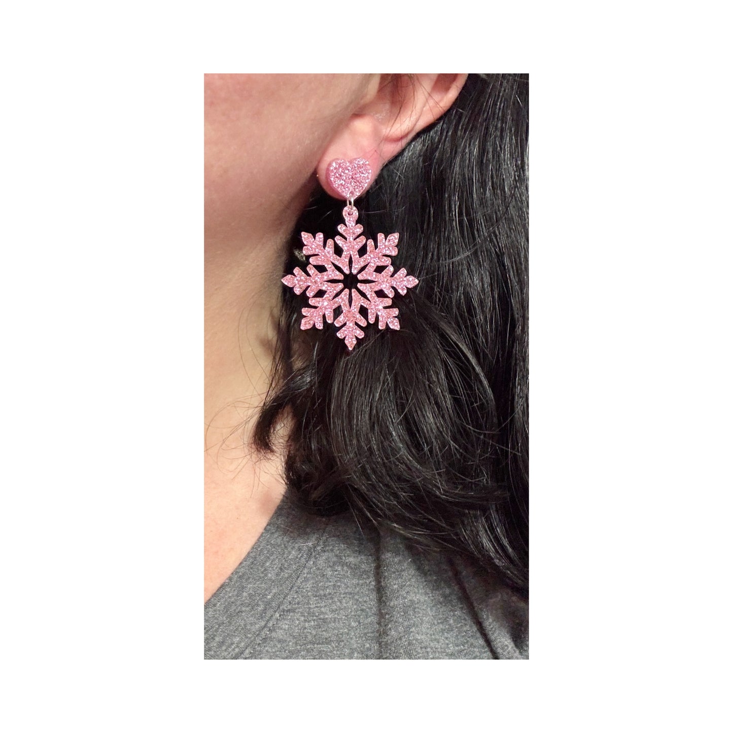 Pink Glitter Snowflake Drop Earrings