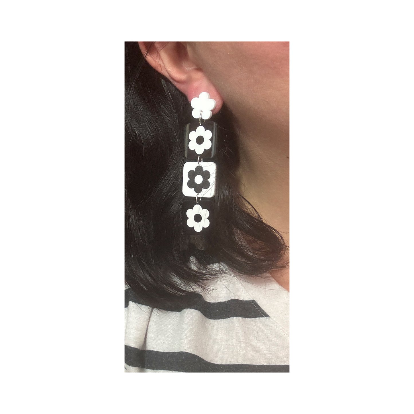 Black & White Flower Square Tiered Drop Earrings
