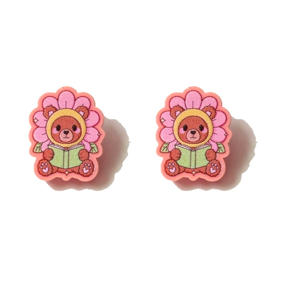 Flower Bookish Bear Post Earrings