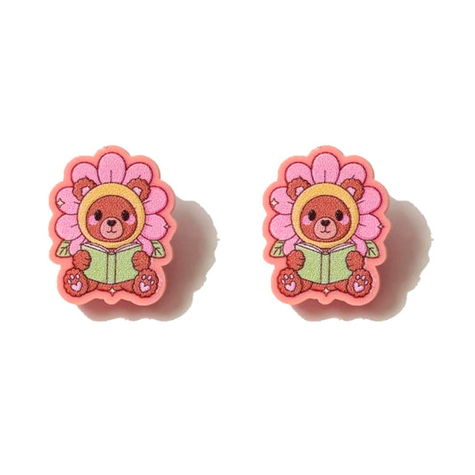Flower Bookish Bear Post Earrings
