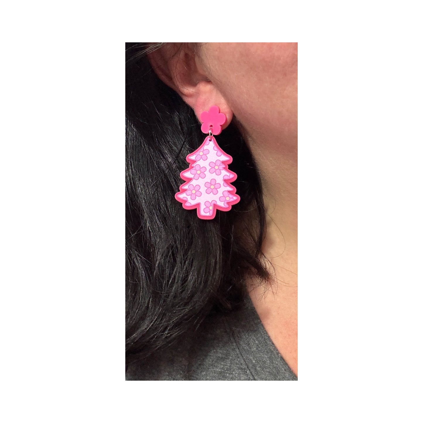 Groovy Hot Pink Christmas Tree Drop Earrings