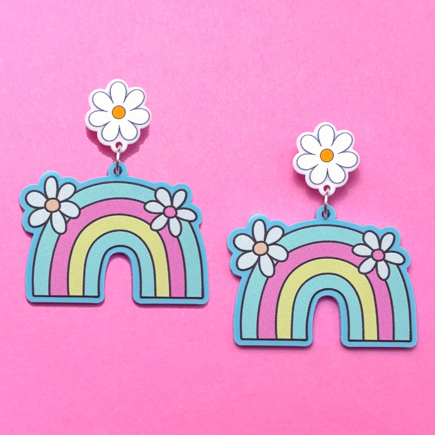 Pastel Blue Daisy Rainbow Drop Earrings