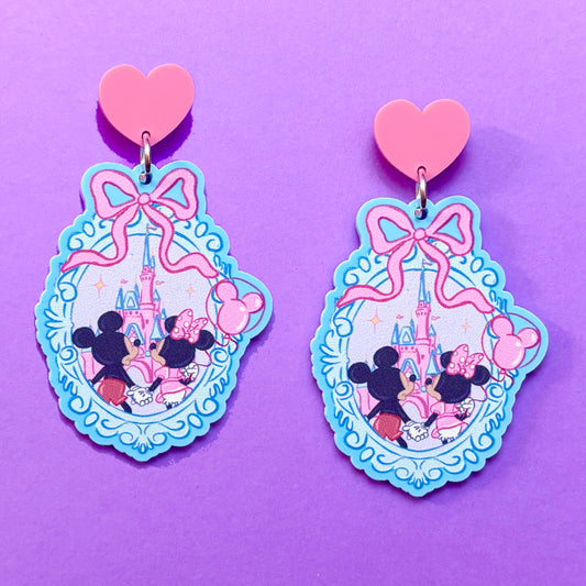 Mouse Couple Castle Cameo Drop Earrings