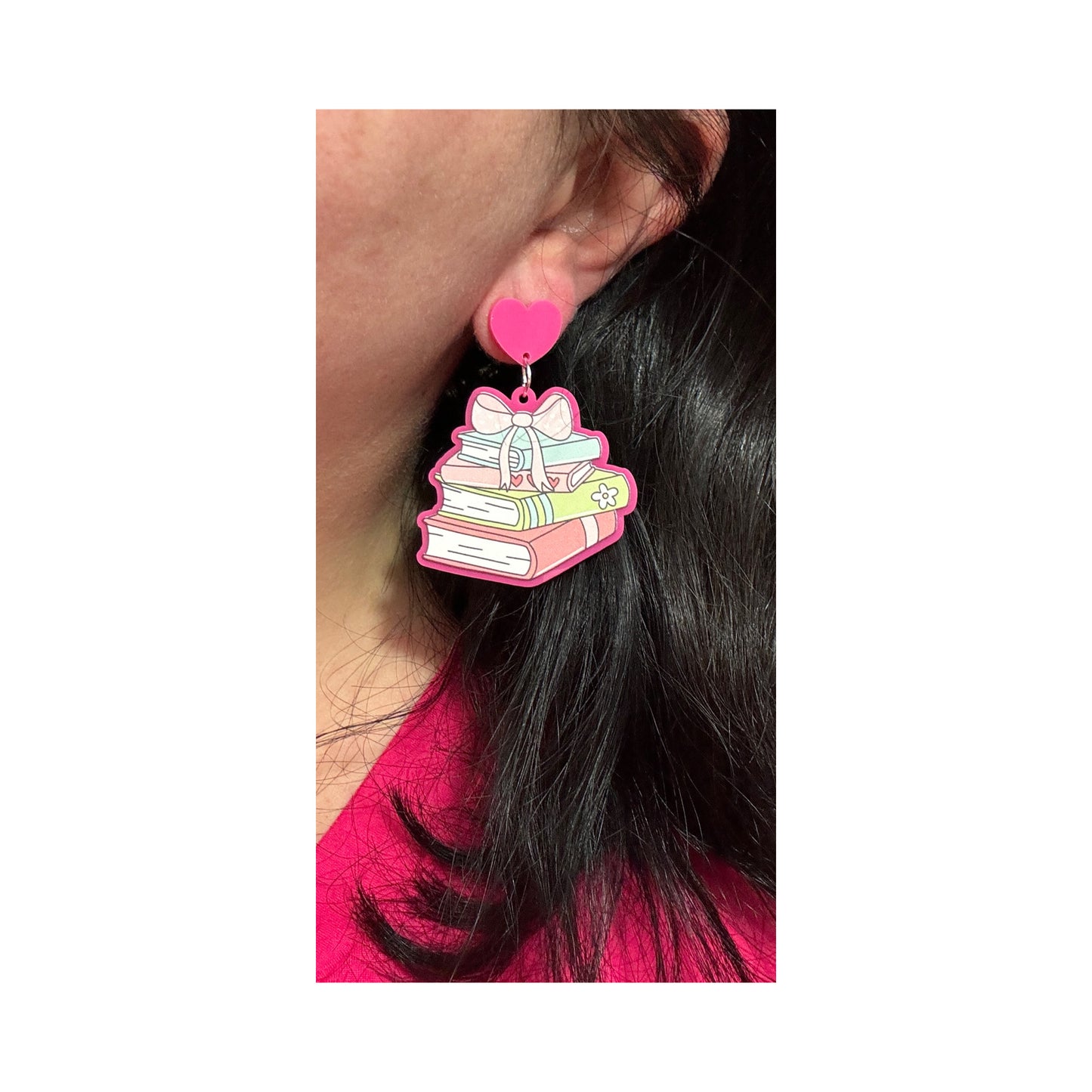 Hot Pink Bow Book Stack Drop Earrings