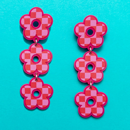 Pink & Red Checkered Retro Flower Tiered Drop Earrings