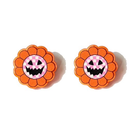 Checkerboard Pumpkin Pink Post Earrings