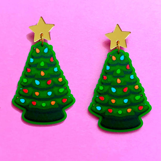 Green Ceramic Tree Drop Earrings