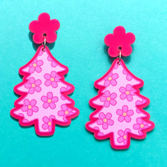 Groovy Hot Pink Christmas Tree Drop Earrings