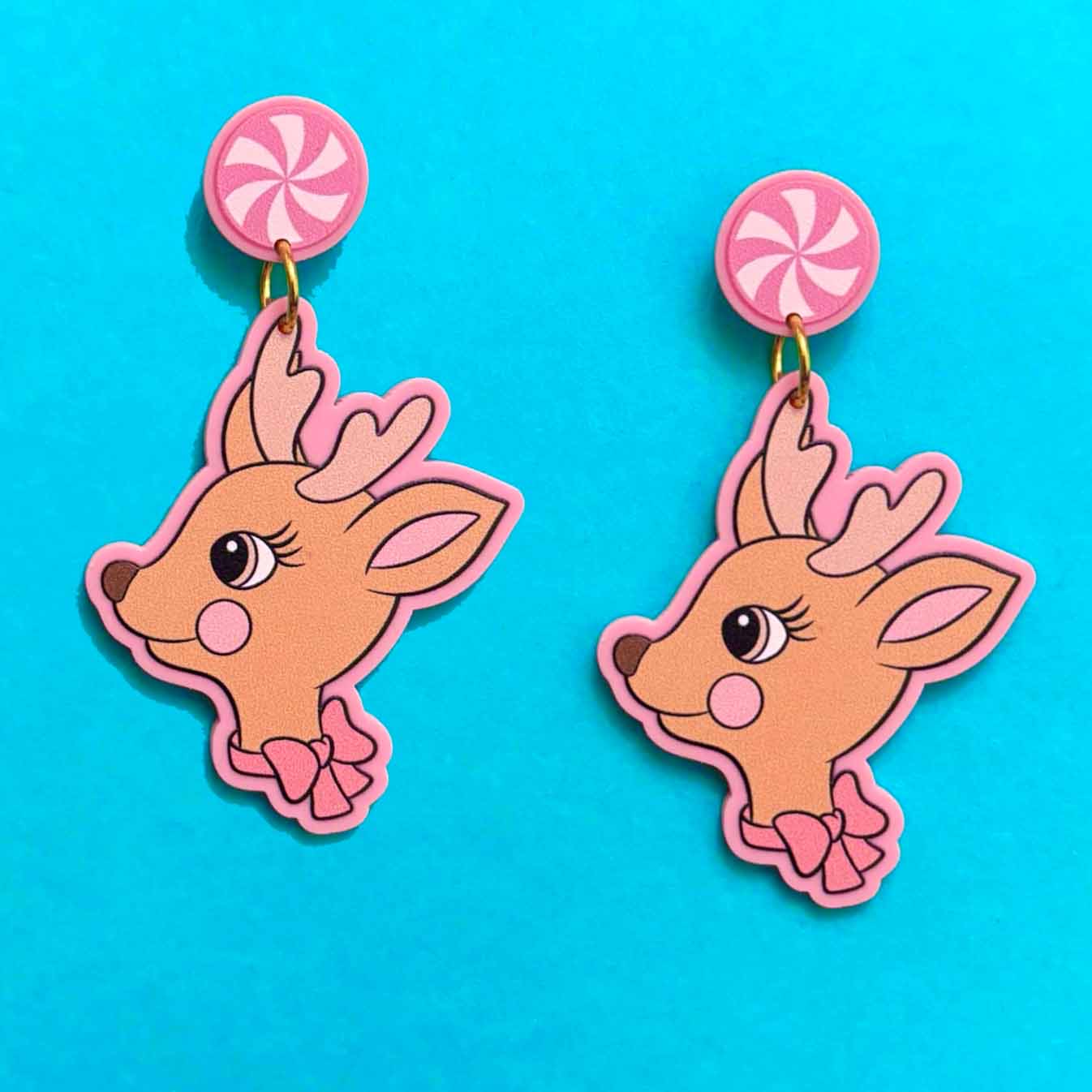Pastel Pink Retro Reindeer Drop Earrings
