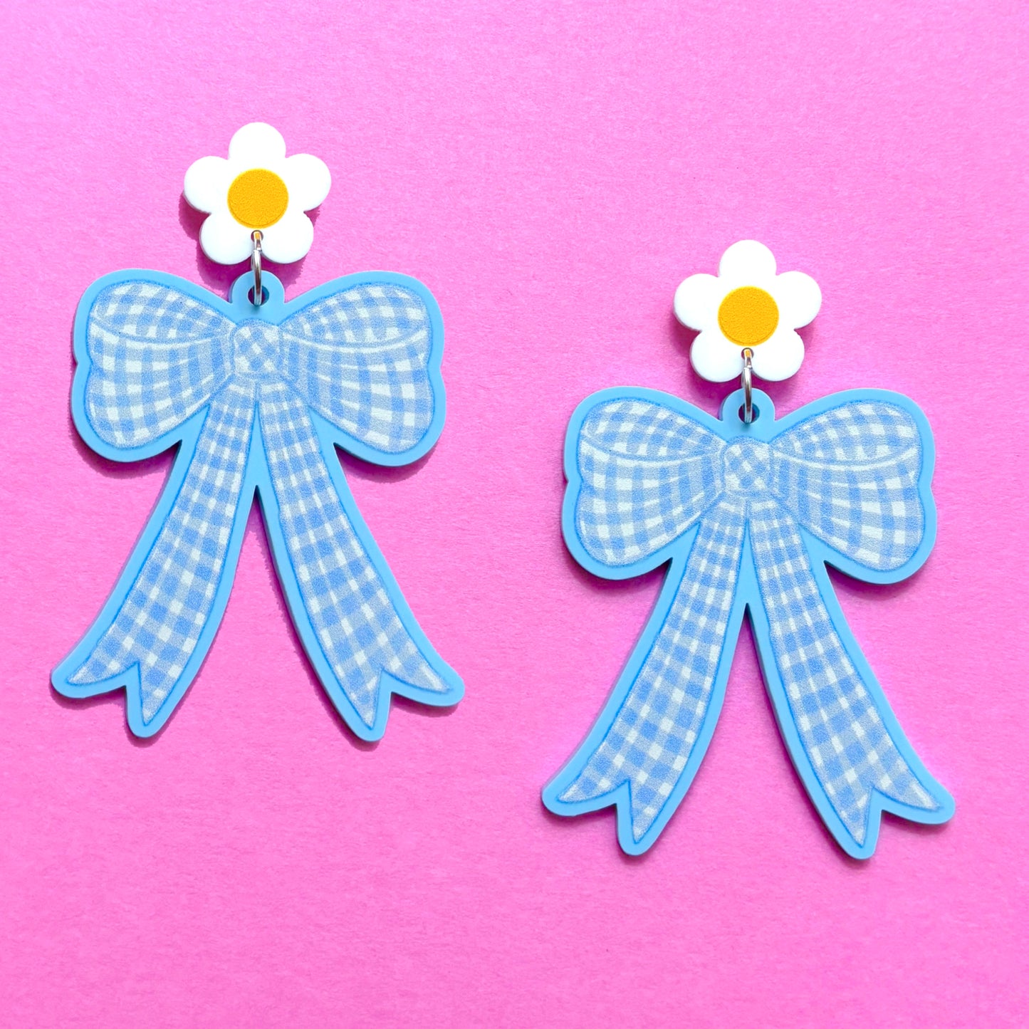 Blue Gingham Bow Drop Earrings