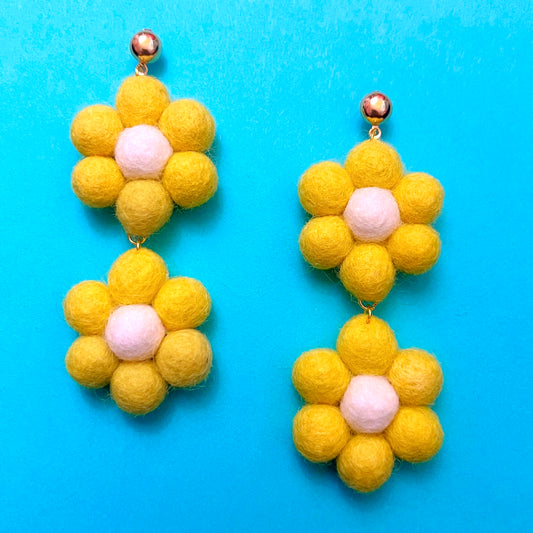 Yellow Daisy Wool Felt Flower Drop Earrings