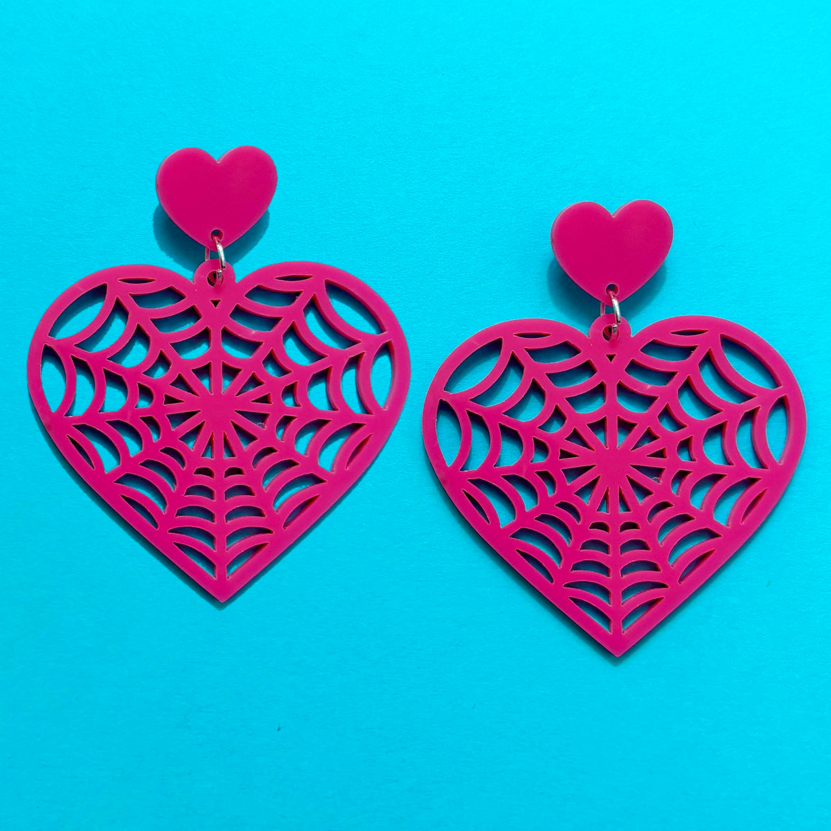 Hot Pink Spiderweb Heart Drop Earrings