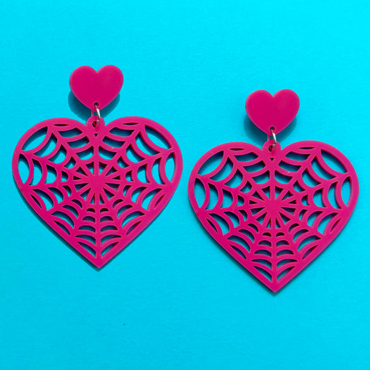 Hot Pink Spiderweb Heart Drop Earrings