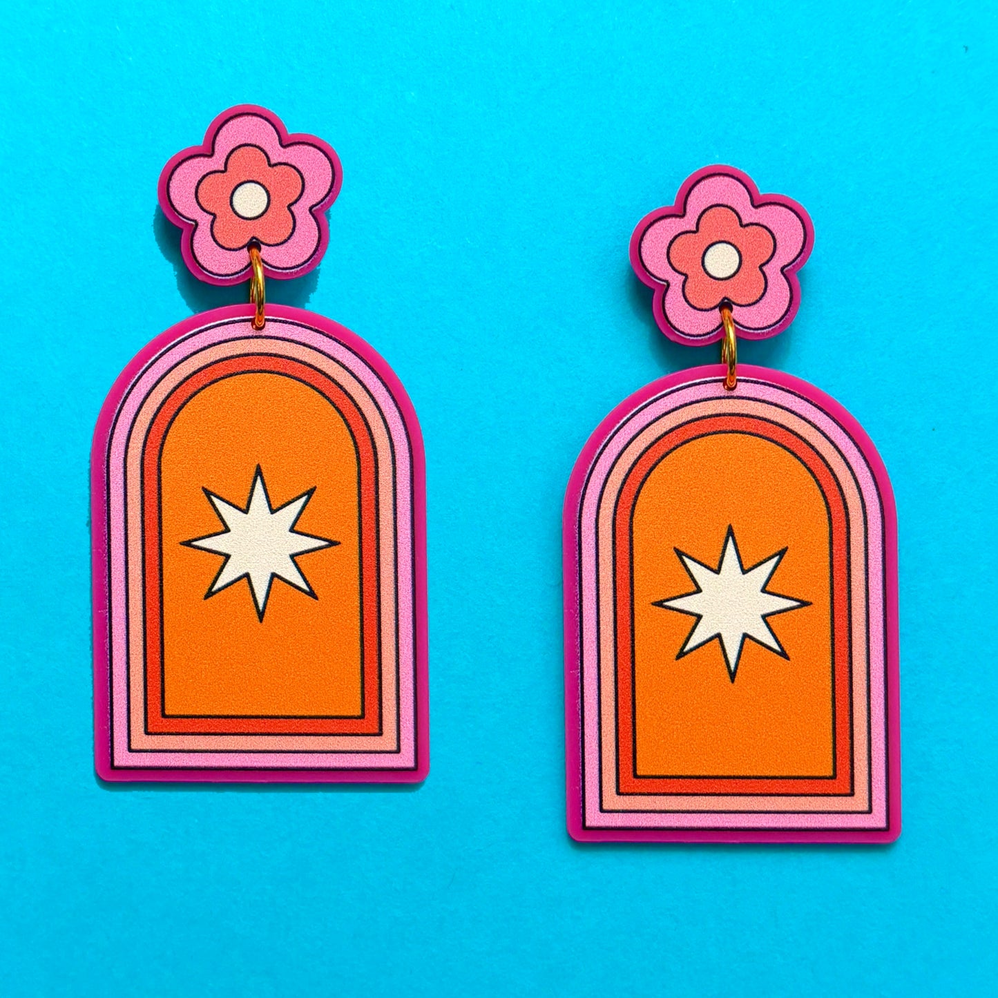 Retro Starburst & Flower Drop Earrings