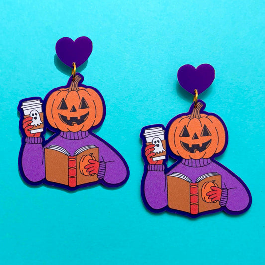 Bookish Pumpkin Coffee Lover Drop Earrings