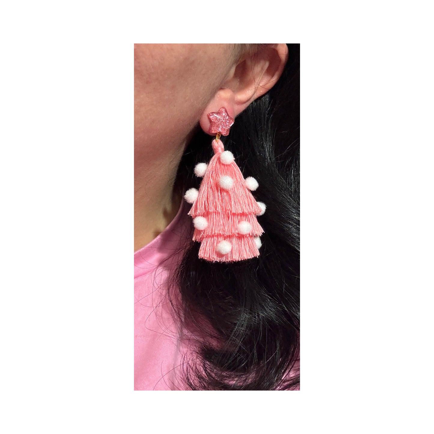 Pink Tassel Christmas Tree Drop Earrings