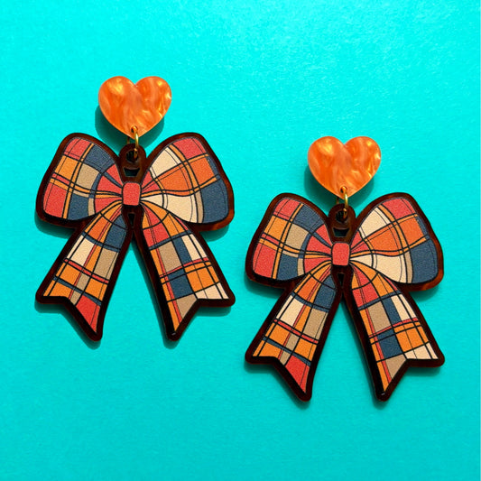 Autumn Plaid Bow Drop Earrings