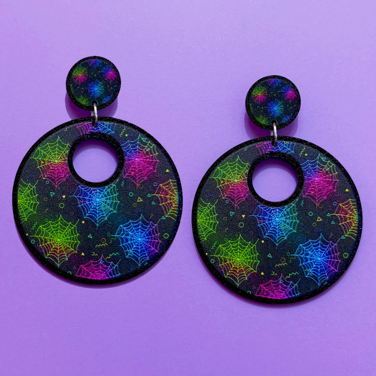 Neon Spiderweb Print Retro Round Drop Earrings