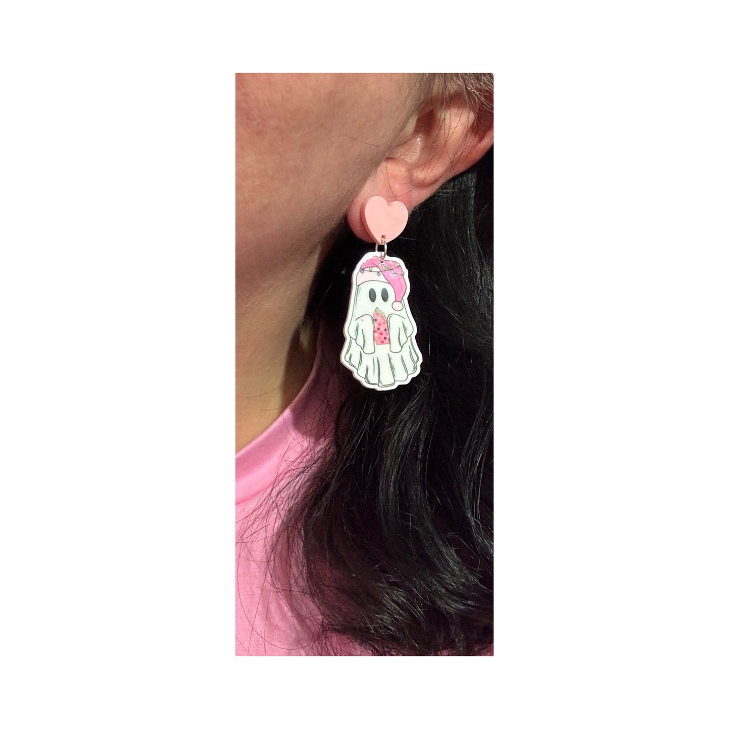 Pink Santa Hat Ghost Drop Earrings