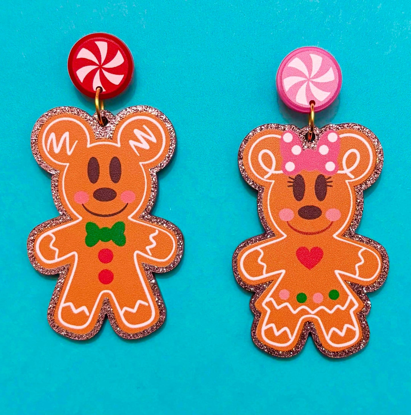 Mouse Couple Sparkle Gingerbread Drop Earrings