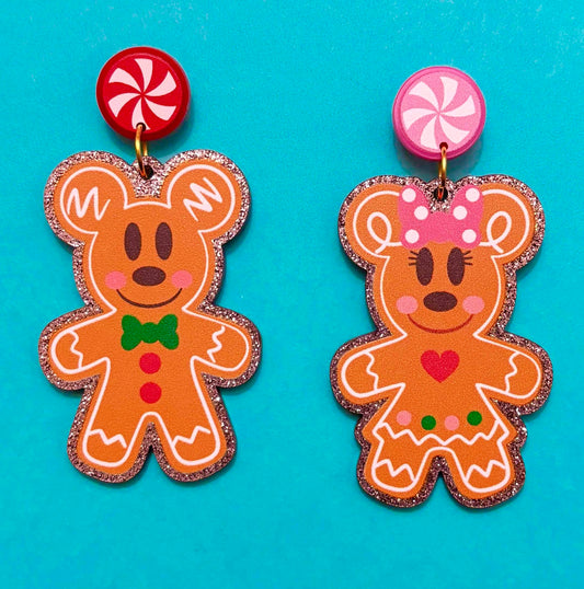 Mouse Couple Sparkle Gingerbread Drop Earrings