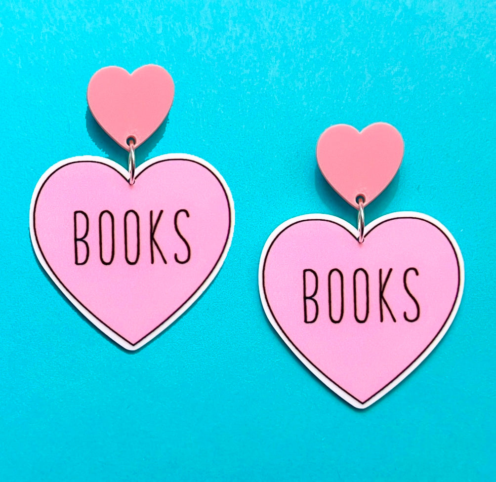 Pink “Books” Heart Acrylic Drop Earrings