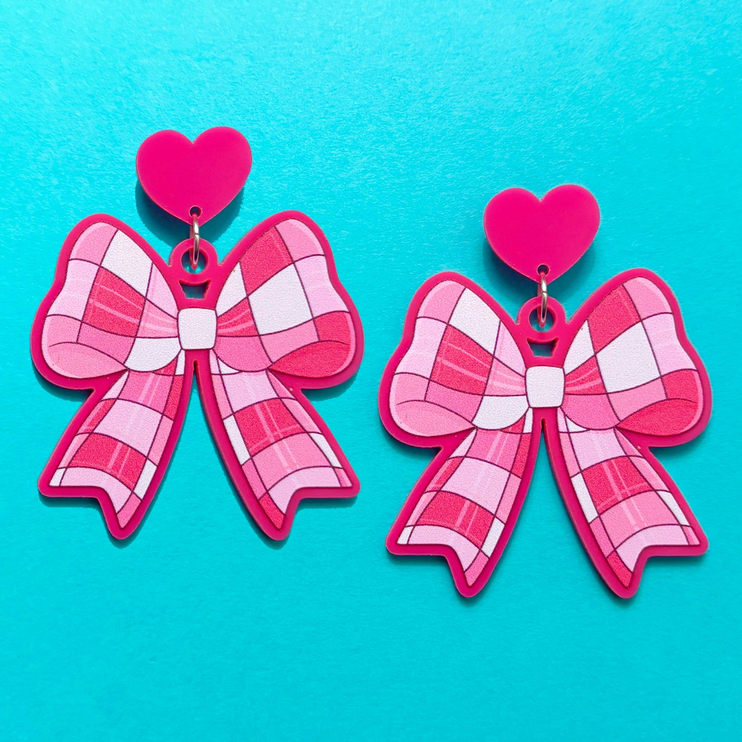 Pink Checkered Bow Drop Earrings