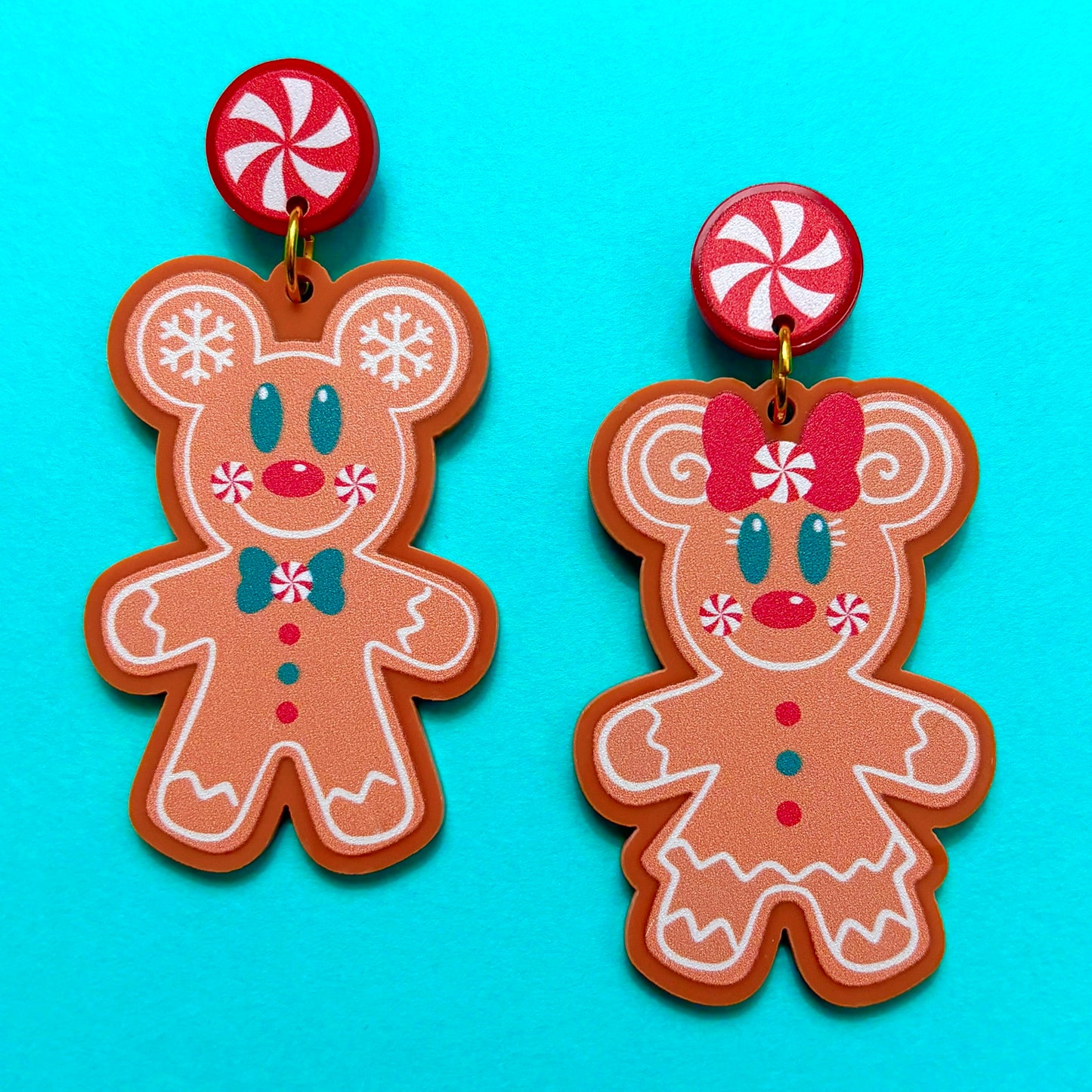 Mouse Couple Peppermint Gingerbread Drop Earrings
