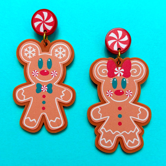Mouse Couple Peppermint Gingerbread Drop Earrings