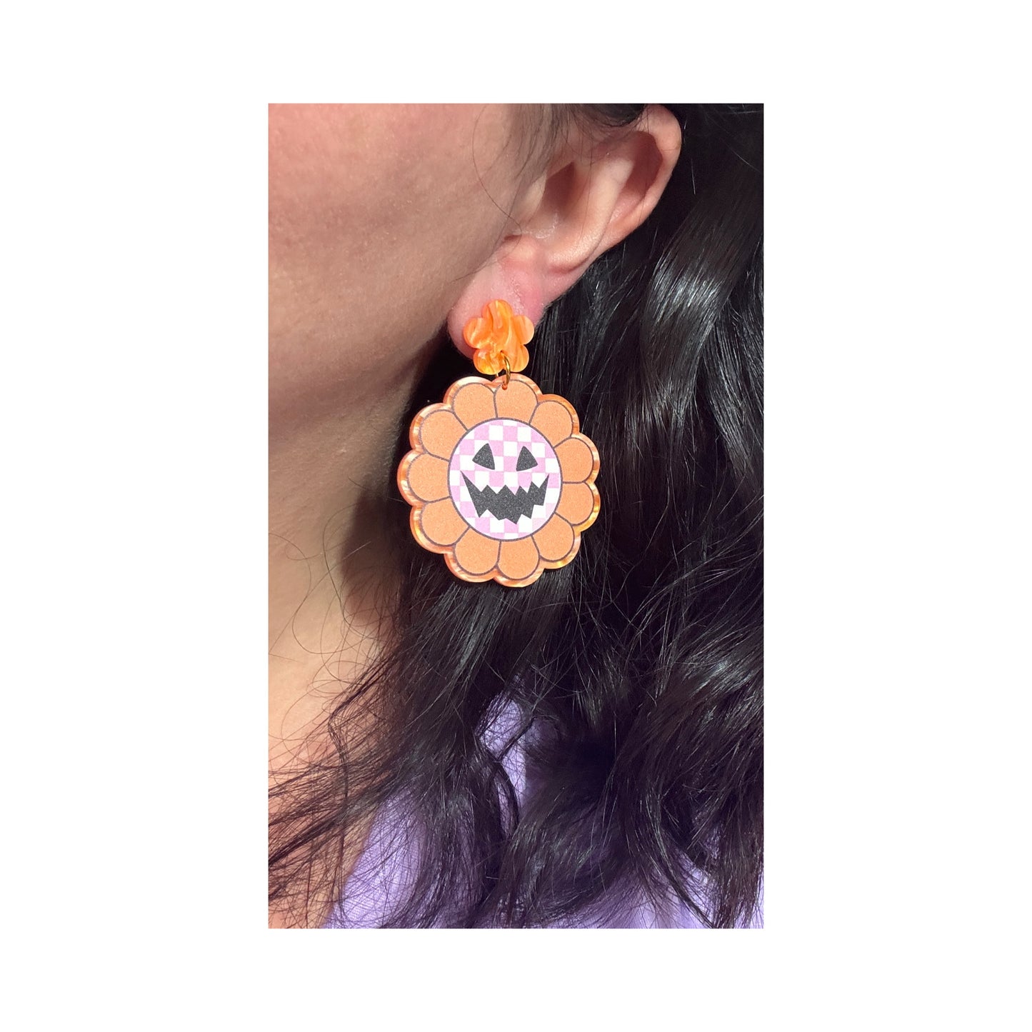 Checkerboard Pumpkin Flower Pink Drop Earrings
