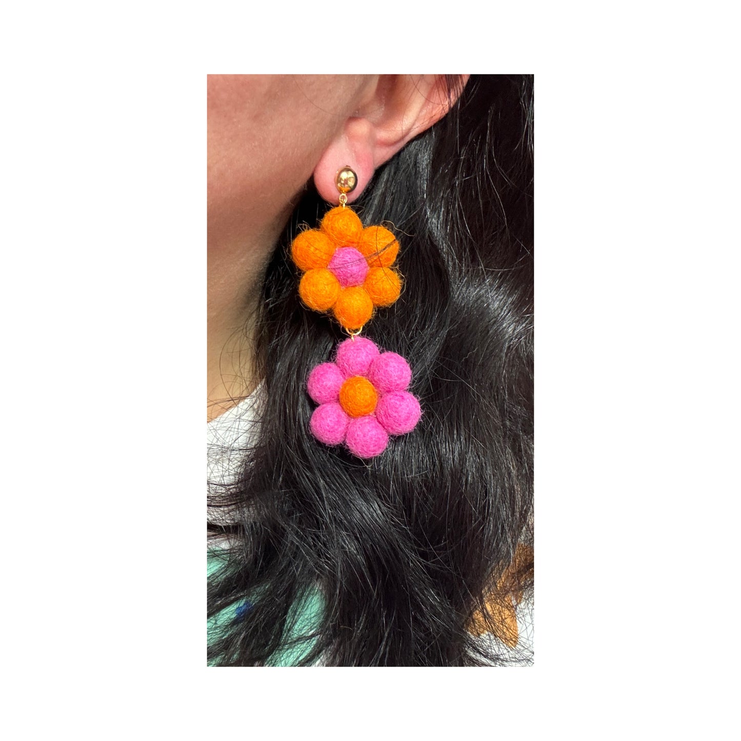 Pink & Orange Wool Felt Flower Drop Earrings