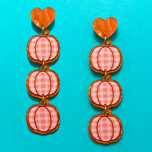 Orange Gingham Pumpkin Tiered Drop Earrings