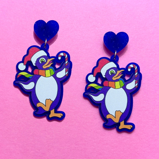 90s Neon Christmas Penguin Drop Earrings