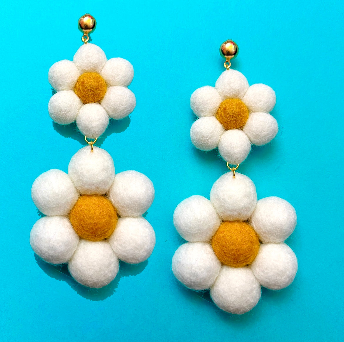 Large Double Daisy Wool Felt Drop Earrings
